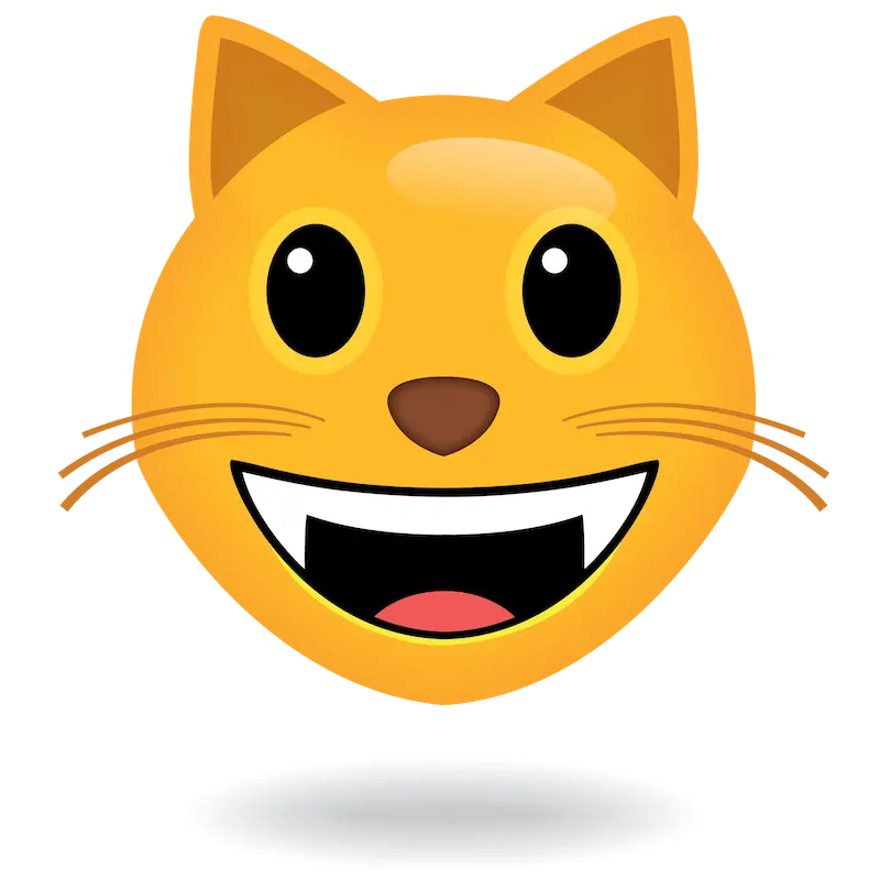 A cartoonish, smiling cat emoji with big eyes and fangs.