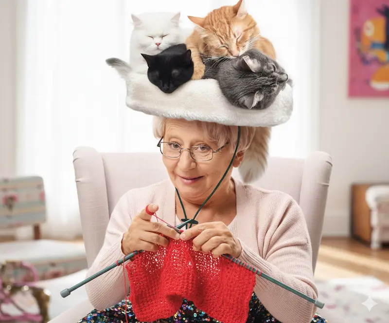 Woman knitting with a hat made of sleeping cats.