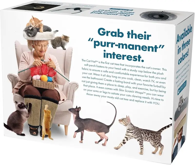 Woman wearing a "Cat Hat" surrounded by curious cats, promoting a humorous cat tree product.