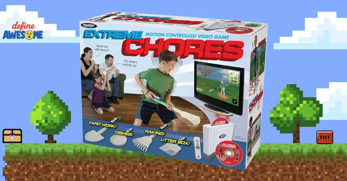 Parody video game box titled "Extreme Chores," featuring a boy raking leaves on screen.