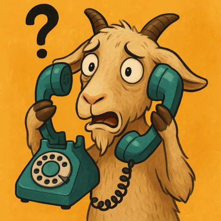 A confused goat holds the receiver of a rotary phone with a question mark above its head.