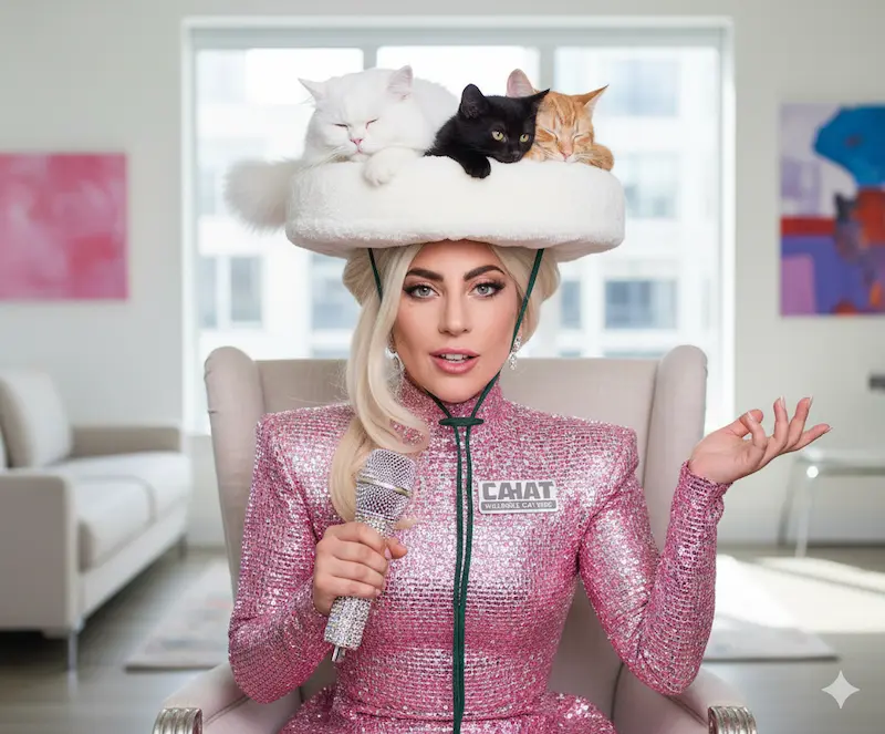Person in a pink sequined outfit wearing a hat with three cats lying on top.