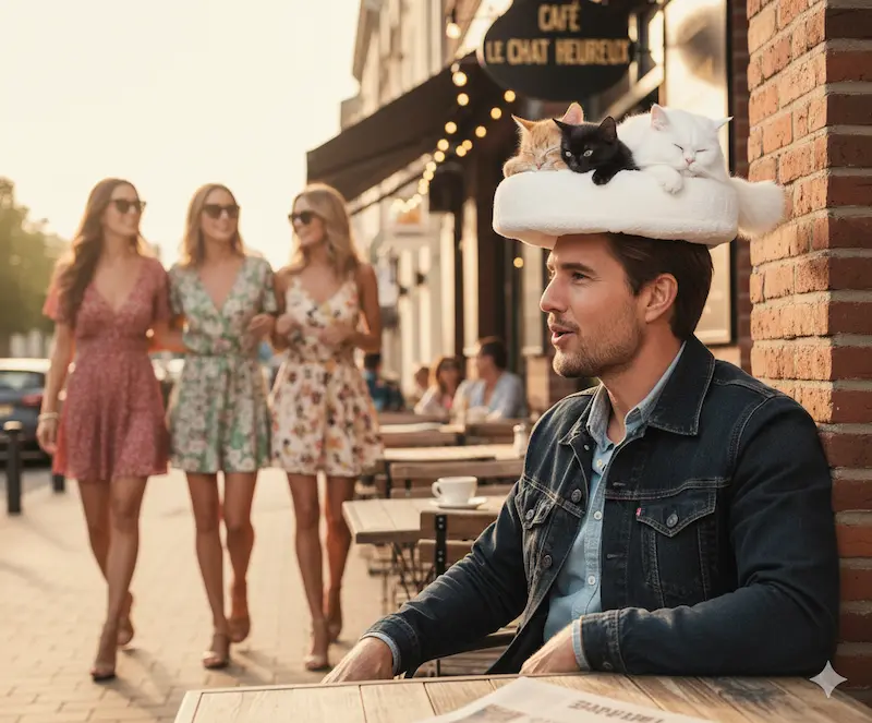 Man wearing a basket with sleeping kittens on his head, sitting outside a café.