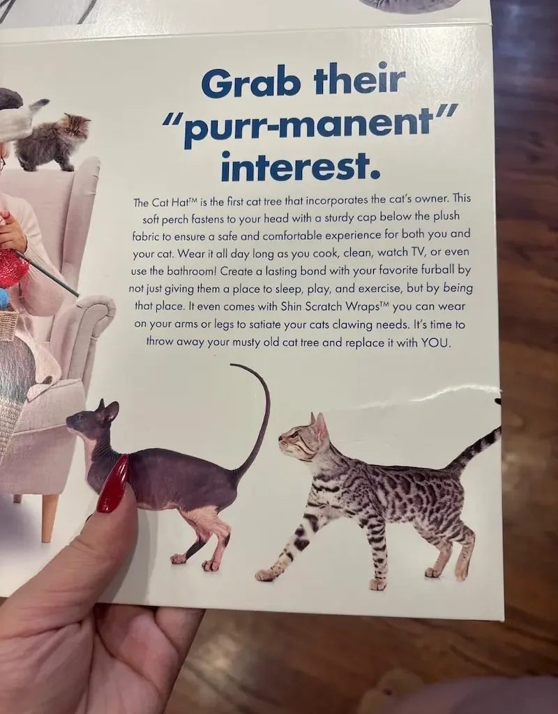 Packaging displaying cats and text promoting a wearable "Cat Hat" for bonding with pets.
