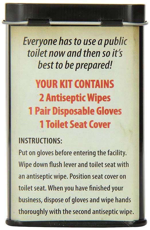 the public toilet survival kit contains wipes, gloves and toilet seat cover