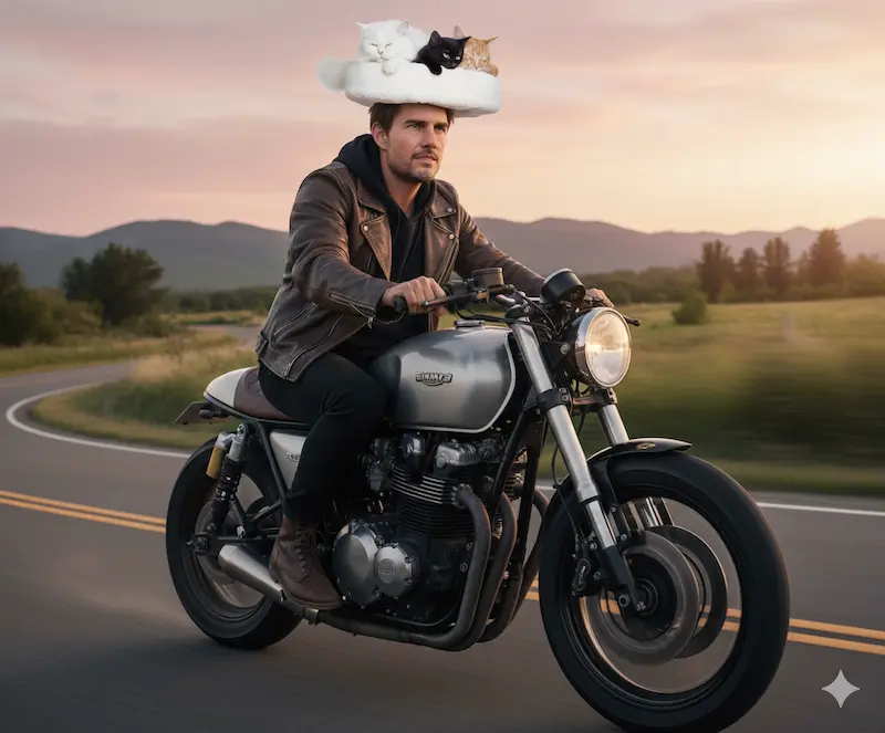 A man rides a motorcycle wearing a hat with four sleeping cats on top.