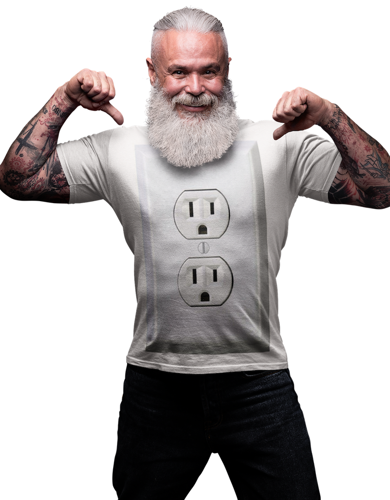 man with a fake wall outlet